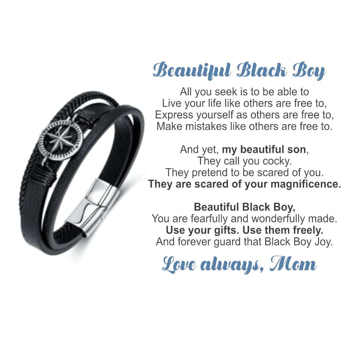 Beautiful Black Boy, Love Mom.  Bracelet