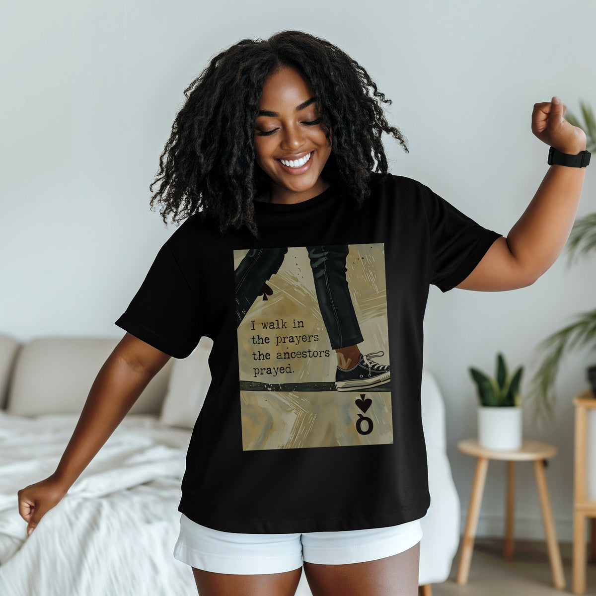 Joyful Warrior Black Queen Tee - I Walk in the Prayers the Ancestors Prayed T-Shirt – Black Owned Afrocentric Soft Life Legacy Shirt
