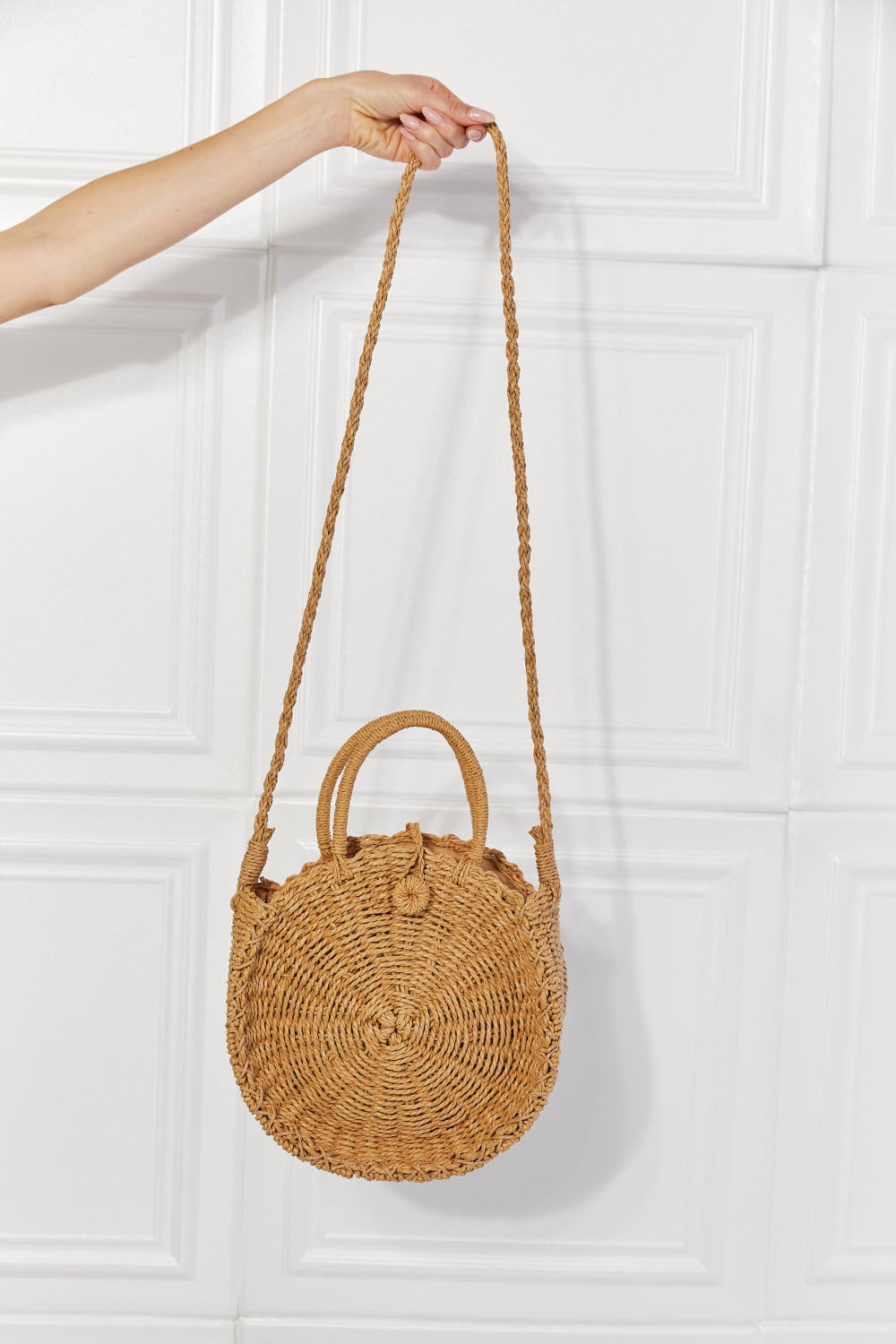 Justin Taylor Feeling Cute Rounded Rattan Handbag in Camel - Kayarize