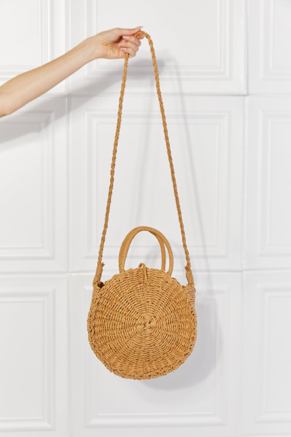 Justin Taylor Feeling Cute Rounded Rattan Handbag in Camel - Kayarize