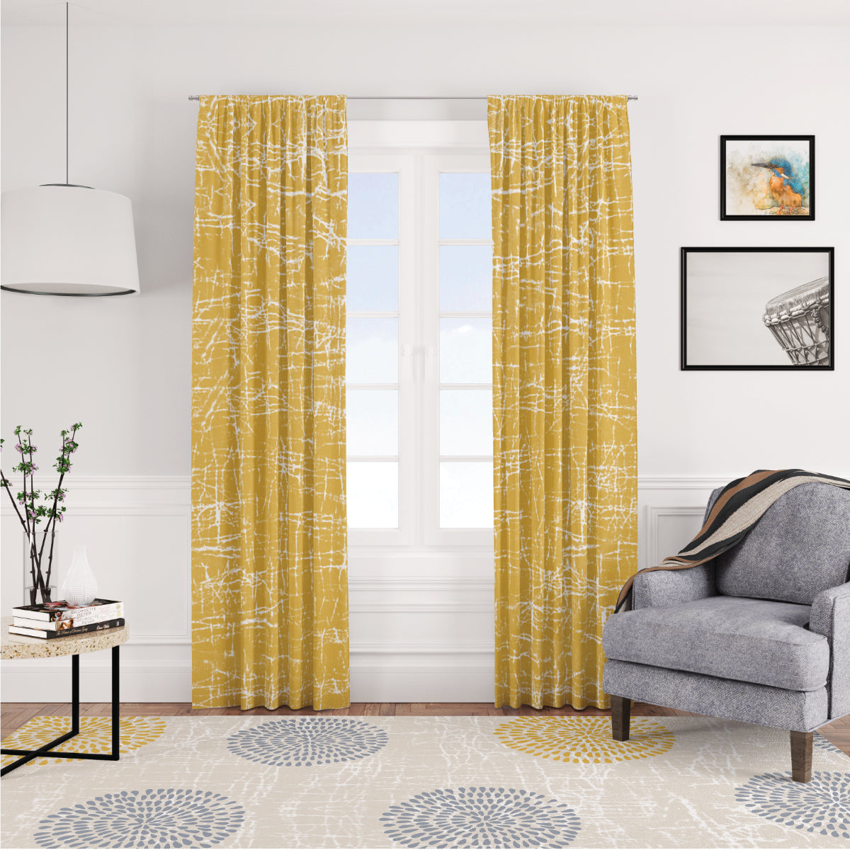 African Batik Style Yellow and Beige Curtain Panels