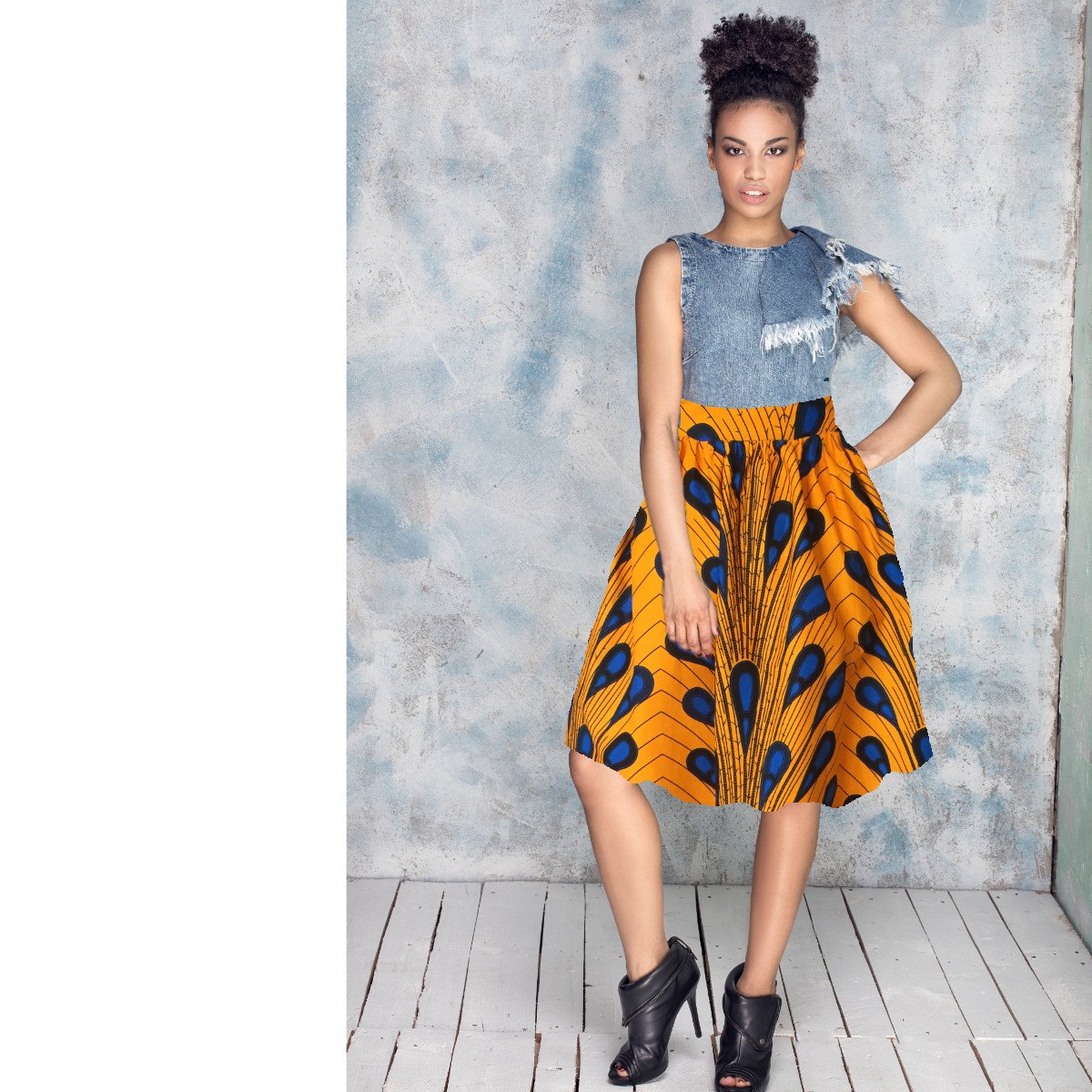 High Waisted African Print Skirt With Sash, Ankara Midi Skirt