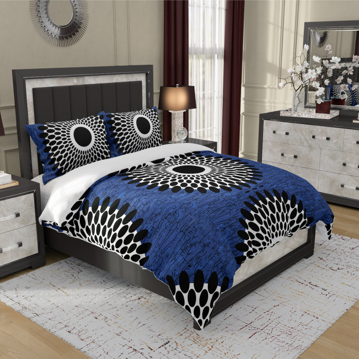 African Print Duvet Cover and Pillow Case Set - Blue,  Black, and White