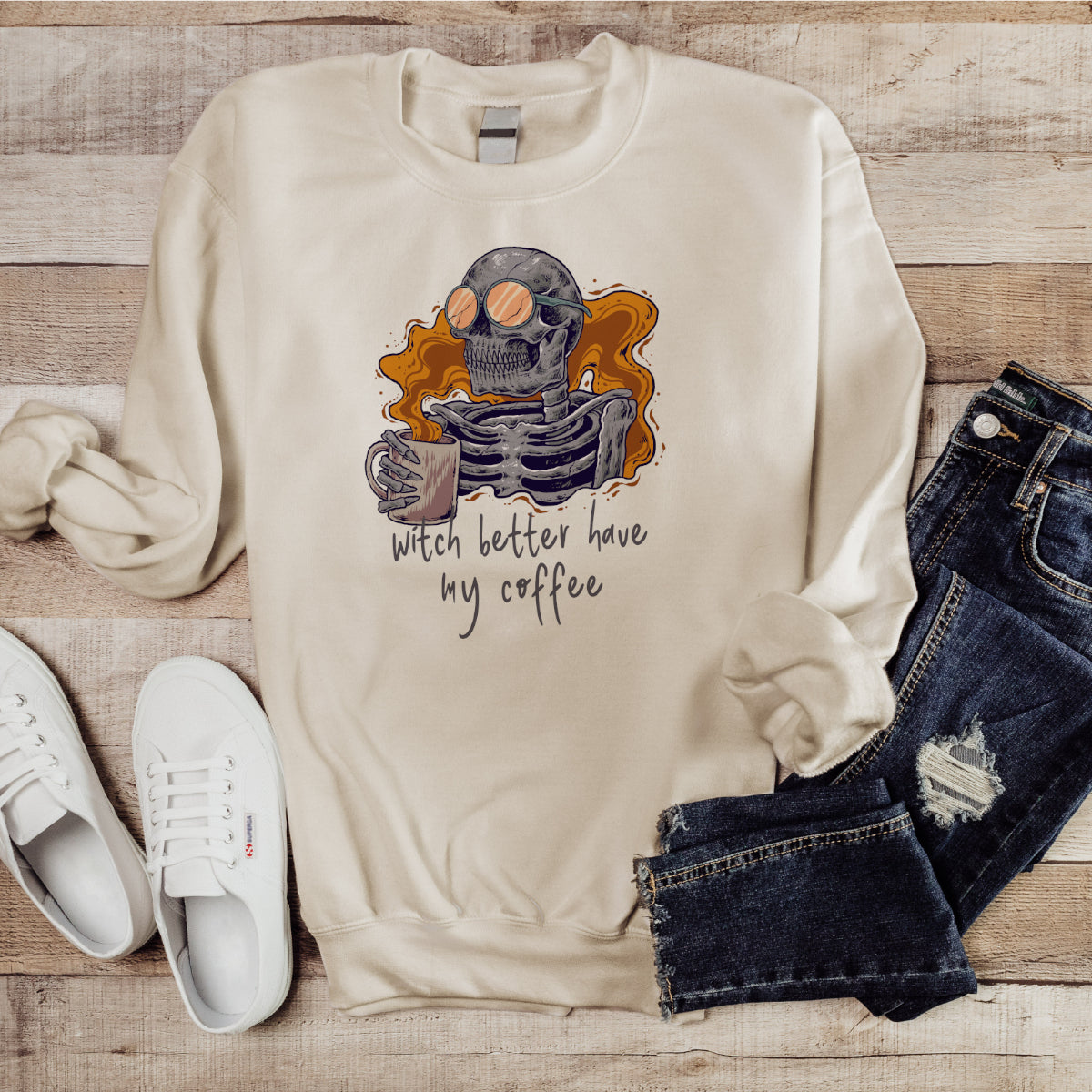 Halloween Coffee Graphic Sweatshirt | Funny Sweatshirt | Drop Shoulder Sweatshirt | Cream