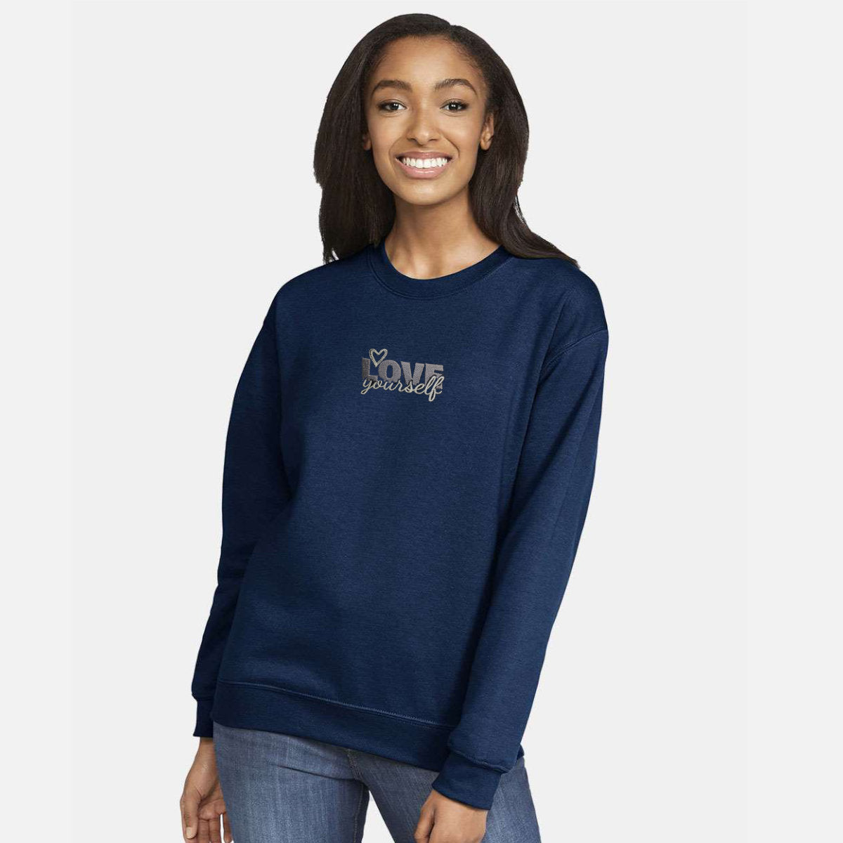 Embroidered Sweatshirt | Love Yourself | Drop Shoulder Sweatshirt | Sand | Navy