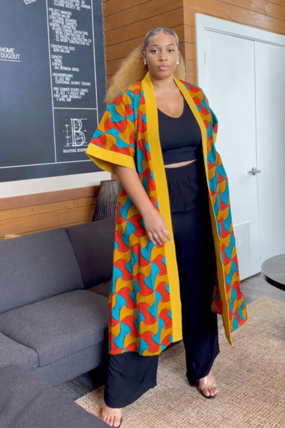 African Print Duster / Kimono - Yellow Butterfly