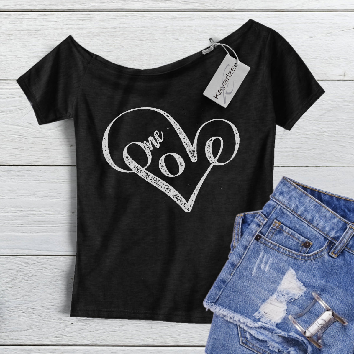 One Love, One Heart.  Off the Shoulder Tee
